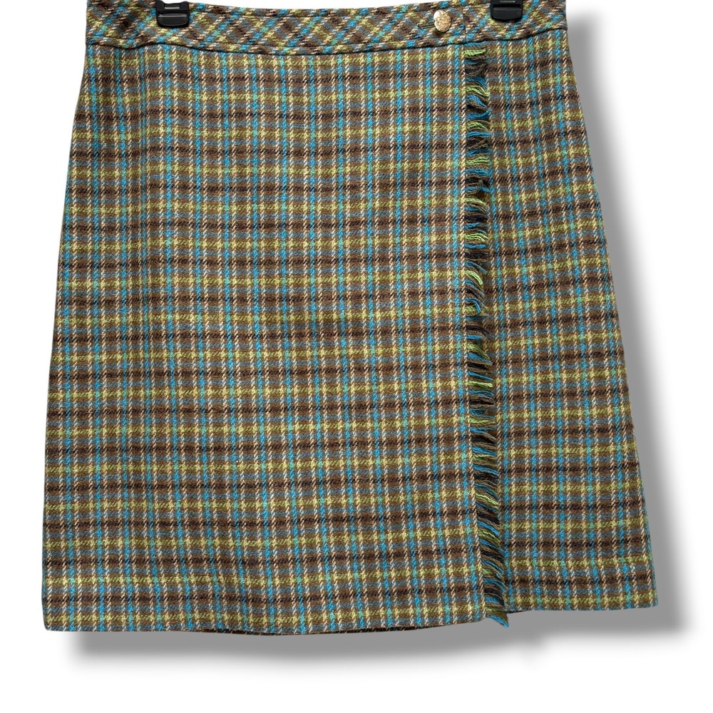 Talbots Womens Brown Blue Plaid Wool Blend Fringe Faux Wrap Skirt Size 8